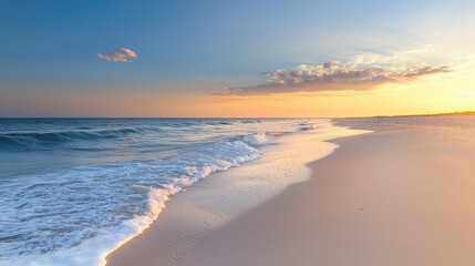 Serene sunset beach with gentle waves and colorful sky