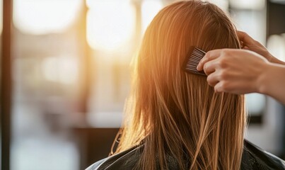 Fototapeta premium A hairdresser combs a woman's long blonde hair at the salon, focused on beauty and hair care.