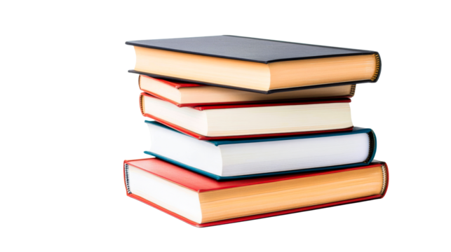Stack of colorful hardcover books on black background, cut out transparent - Powered by Adobe