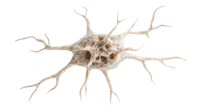 Intricate neuron model with branching extensions, cut out transparent