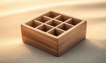 A nine-compartment wooden box sits on a textured surface, bathed in soft, neutral light.