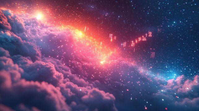 Abstract starry night sky with glowing numbers over clouds - Powered by Adobe