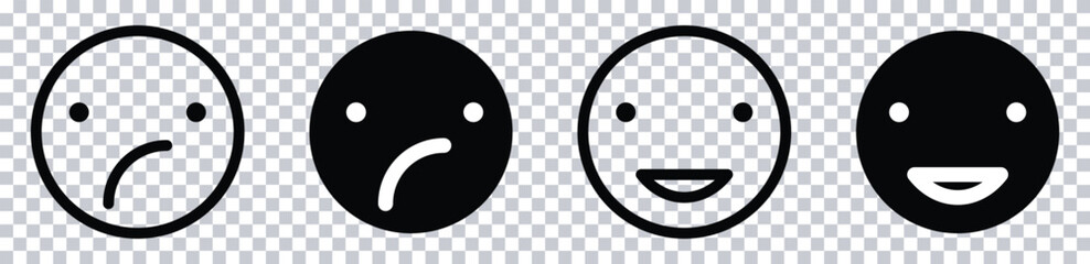 Set of Emotion Emoji Icons – Sad, Confused, Happy, and Very Happy Faces in Black and White Circles