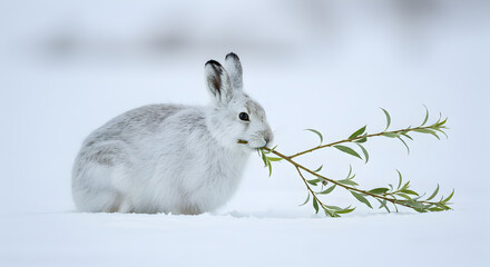 Arctic hare indulging in a willow branch in snowy winter landscape scene
