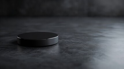 An elegant display scene with a dark stone podium positioned on a seamless dark wall, designed for product presentation in a clean, minimalistic style