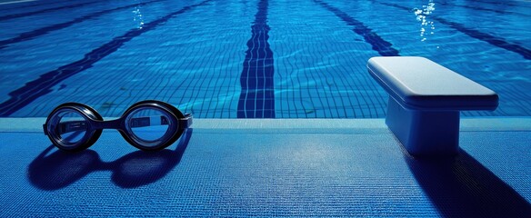 Swimming pool with goggles and starting block in blue light