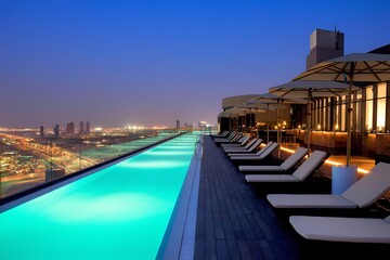 Obraz premium Luxurious rooftop infinity pool with illuminated water at sunset overlooking the city skyline and lounge area
