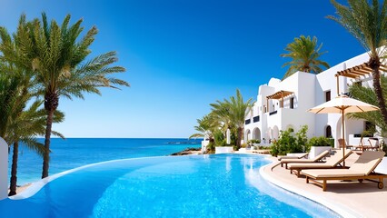 Fototapeta premium A colorful tropical drink sits on the edge of a stylish pool surrounded by palm trees and white umbrellas. The tranquil sea and bright blue sky create a perfect relaxation setting.