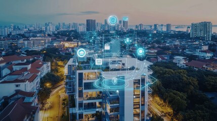 Obraz premium An AI powered system improving real estate by analyzing market trends, property values, and location data to predict investment opportunities