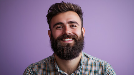 Obraz premium Portrait of Bearded Man in Checkered Shirt Smiling at Camera with Light Purple Background and Room for Advertising Copy