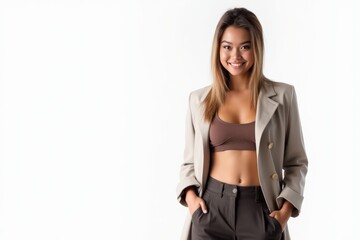 Fototapeta premium Half-Length (Waist-Up) portrait of young stylish smiling Sao Tomean female model in sexy wear isolated on pure white background looking at camera