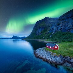 Aurora Borealis over Cabin: A captivating scene unfolds as the mesmerizing Aurora Borealis dances across the night sky above a picturesque cabin nestled beside a tranquil body of water. 
