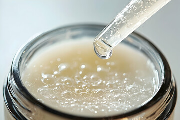 Close-up shot of a beauty serum dripping from a dropper into a glass jar