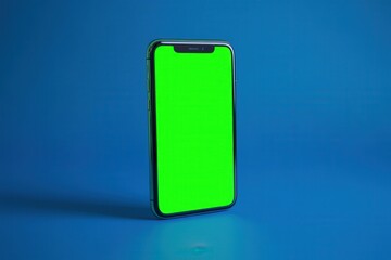 Smartphone with green screen on a blue background for digital design use.