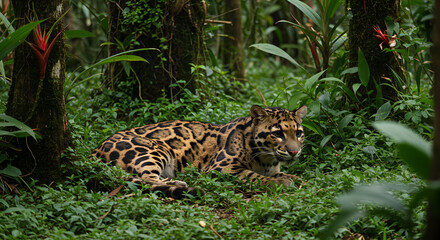 Solitary Sunda clouded leopard resting amid lush foliage in tropical rainforest