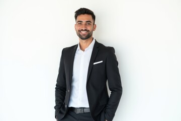 Half-Length (Waist-Up) portrait of young stylish smiling Saudi male model in business wear isolated on pure white background looking at camera