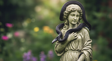 Obraz premium Garden guardian: Ancient statue embraced by a serpentine visitor in verdant nature
