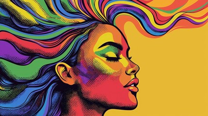 Naklejka premium Vibrant pop art portrait of woman with colorful flowing hair and halftone patterns
