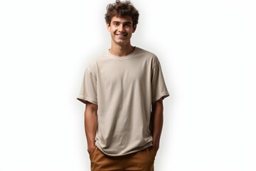 Obraz premium Half-Length (Waist-Up) portrait of young stylish smiling Saudi male model in hippie wear isolated on pure white background looking at camera