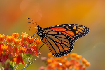 Obraz premium Conserving monarch butterfly crucial habitat destruction climate change endanger migratory pattern Perched vibrant milkweed flower delicate orange black wing flutter under golden sunlight Protecting