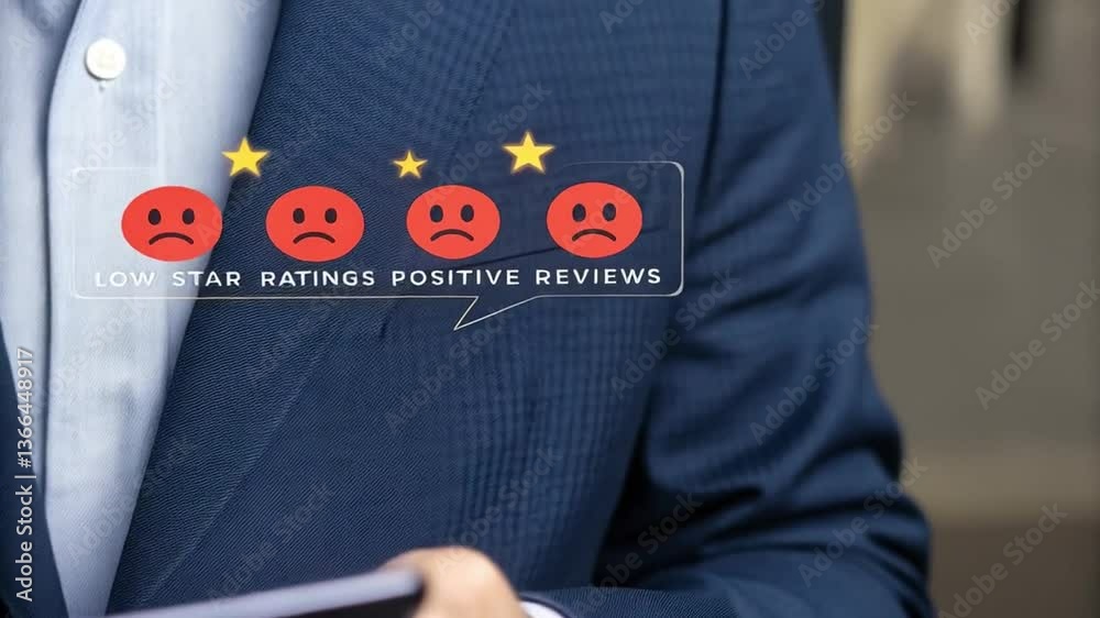 Poster man in suit holding phone with low star ratings and positive reviews displayed on screen overlay gra