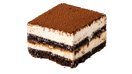 Layered dessert with cocoa powder, sweet cream, cake, cut out transparent