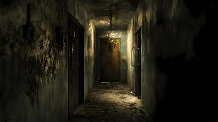 Lonely shadows darkened corners crumbling walls rusty door hinges dimly lit corridors isolation confinement desperation. Echoing Incubation. Illustration