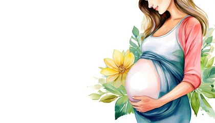 Beautiful smile pregnant mom, flower and leaves, isolated on a white background, copy space for text; concept of health care pregnancy, Mother's Day