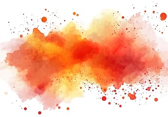 A watercolor splash painting with red, orange, and yellow gradients, a white background, scattered with various-sized color dots, creating an abstract and artistic atmosphere