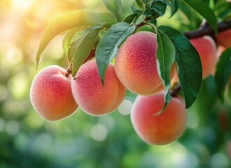 Obraz premium Ripe peaches hanging on branch in sunny orchard