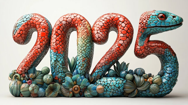 Year number snake shape turquoise red decoration floral pattern sculpted numerals 2025 detailed creature curled tail unique design fantasy ornament artistic texture bold structure celebration animal