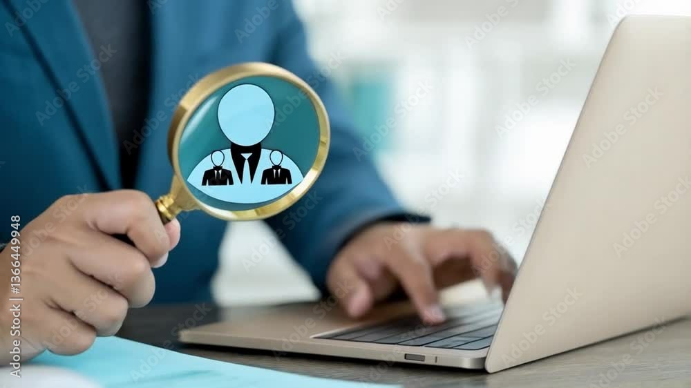 Poster man in blue suit using laptop holding magnifying glass over checklist with person icon on screen