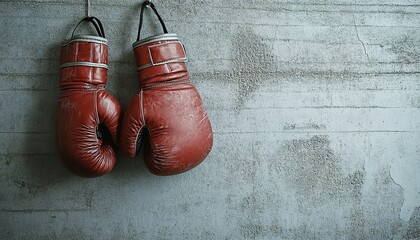 A pair of red boxing gloves hanging on a gray textured wall, with visible wear marks on the gloves, creating a sporty and tough atmosphere
