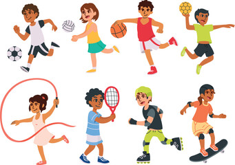 A set of vector illustrations showing children playing different sports.