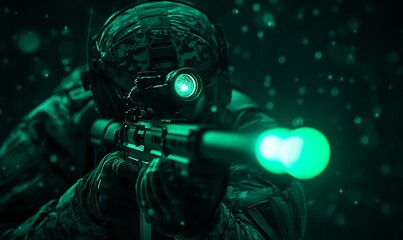 A soldier aiming a rifle under night vision conditions