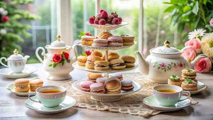 A luxurious afternoon tea setup with an elegant three-tiered stand filled with scones, éclairs, macarons, and delicate finger sandwiches. Fine china teacups and a teapot are placed on white tablecloth