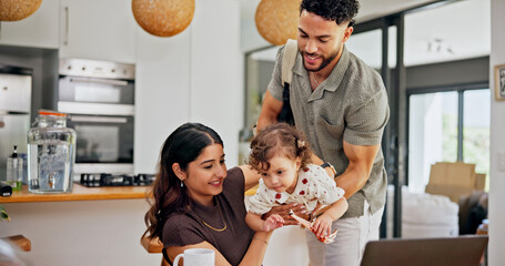 Multitask, remote work and toddler with parents in home for business, career or juggling tasks....