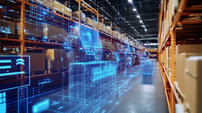 An AI powered system improving supply chain management by analyzing inventory levels, demand forecasts, and logistics data to optimize shipments and reduce delays