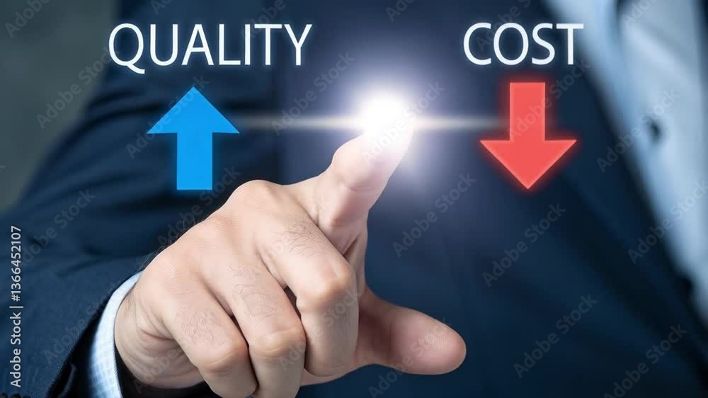 Aufkleber a person in a suit pointing at a light between the words quality and cost with arrows above