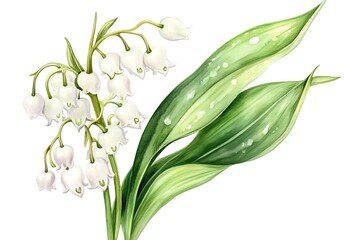 Fototapeta premium A cluster of lily of the valley illustration, white small flowers hanging in strings on green stems, surrounded by broad green leaves with tiny white water droplets, a pure white background