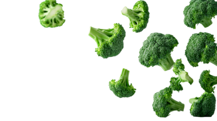 Fresh broccoli florets falling, floating, healthy food ingredients, cut out transparent