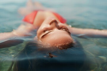 Happy woman sea relaxing floating in transparent sea water on summer holiday. Travel leisure recreation lifestyle, female in nature.