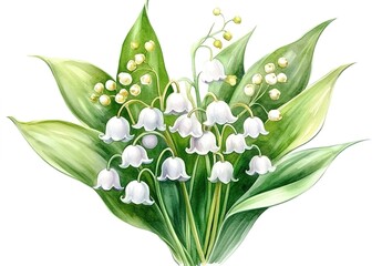 A cluster of lily of the valley illustration, white small flowers hanging in strings on green stems, surrounded by broad green leaves with tiny white water droplets, a pure white background