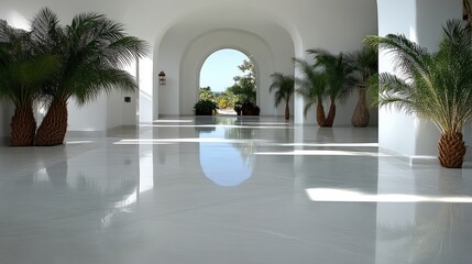 Obraz premium White hall, arches, tropical plants, reflection