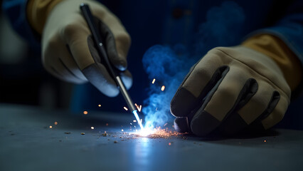 Welder's gloved hands create blinding arcs as molten metal flows along seams, sparks bouncing off heat-scarred leather.