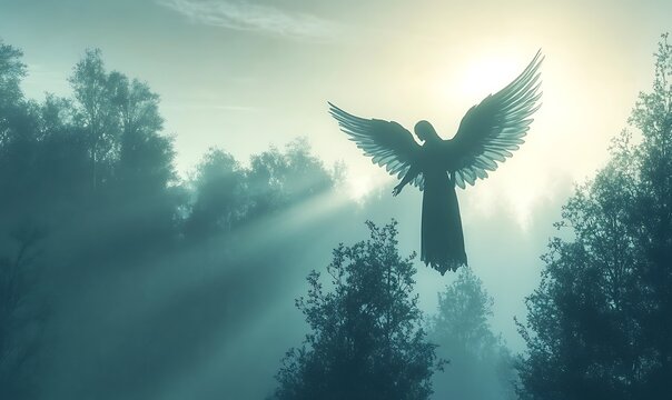A graceful winged angel descends through a misty forest at dawn