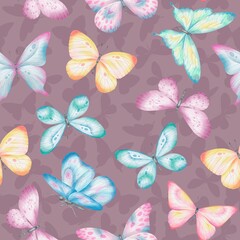 Seamless pattern with hand drawn colorful watercolor butterflies on mauve. Perfect for textile, wrapping paper, fabric, backdrop, wall hanging, scrapbooking, home decoration, bedding, wallpaper