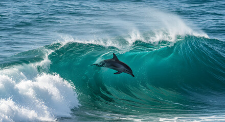 Naklejka premium A Dusky Dolphin's Dance: Graceful mammal soaring through a powerful ocean wave