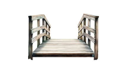 Wooden walking bridge with safety railings over small creek, cut out transparent