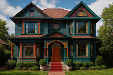 Maximalist Eclectic House Exterior with Bold Colors and Ornate Victorian Details